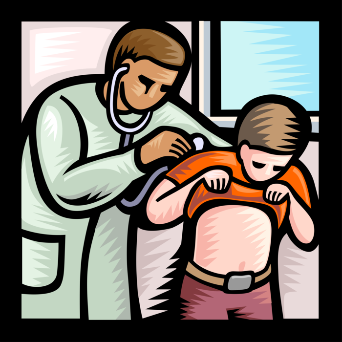 Vector Illustration of Health Care Professional Doctor Physician Examines Patient with Stethoscope Checks Lungs