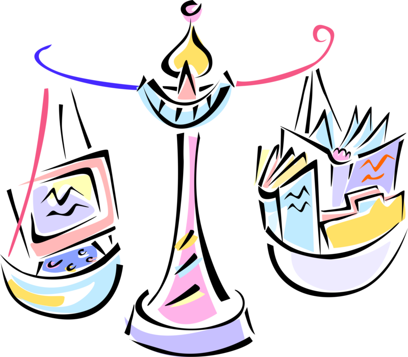 Vector Illustration of Balance Scale with Modern Office Technology Versus Old Bookkeeping Methods