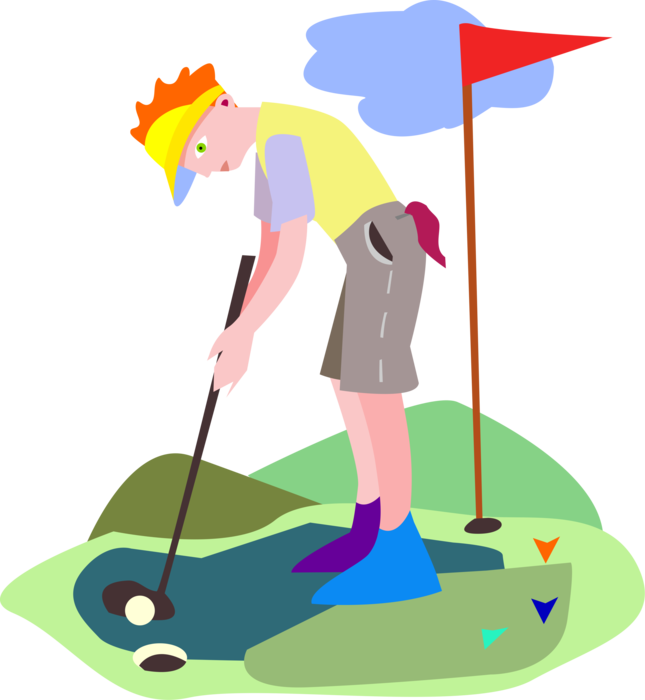 Vector Illustration of Sport of Golf Golfer Golfing Putting on Golf Green Gets Birdie