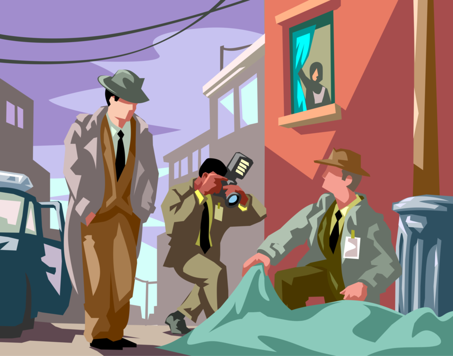 Vector Illustration of Law Enforcement Police Detectives Investigate Murder Crime Scene with Forensic Photographer