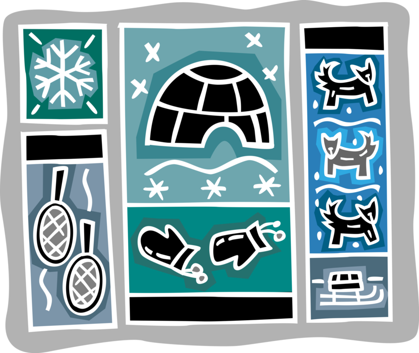 Vector Illustration of Eskimo Igloo with Snow Shoes, Mitts and Dog Sled