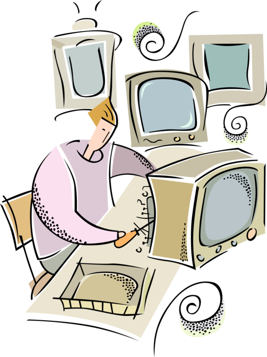 Vector Illustration of Television Electronics Repairman Repairs Broken TV Set