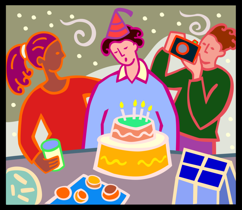 Vector Illustration of Birthday Party Celebration with Gift Wrapped Presents and Birthday Cake with Lit Candles