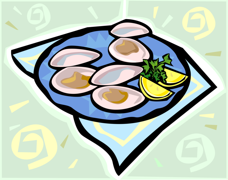 Vector Illustration of Chilled Oysters on the Half Shell with Lemon Wedges