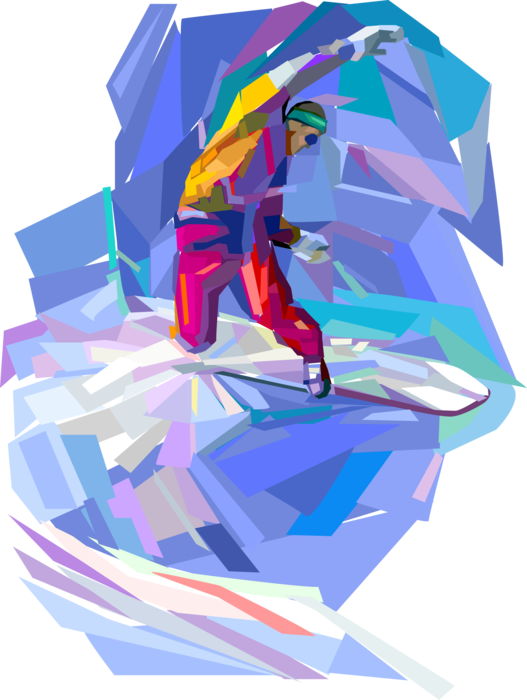 Vector Illustration of Snowboarder Catches Air in Jump While Snowboarding Down Mountain on Snowboard