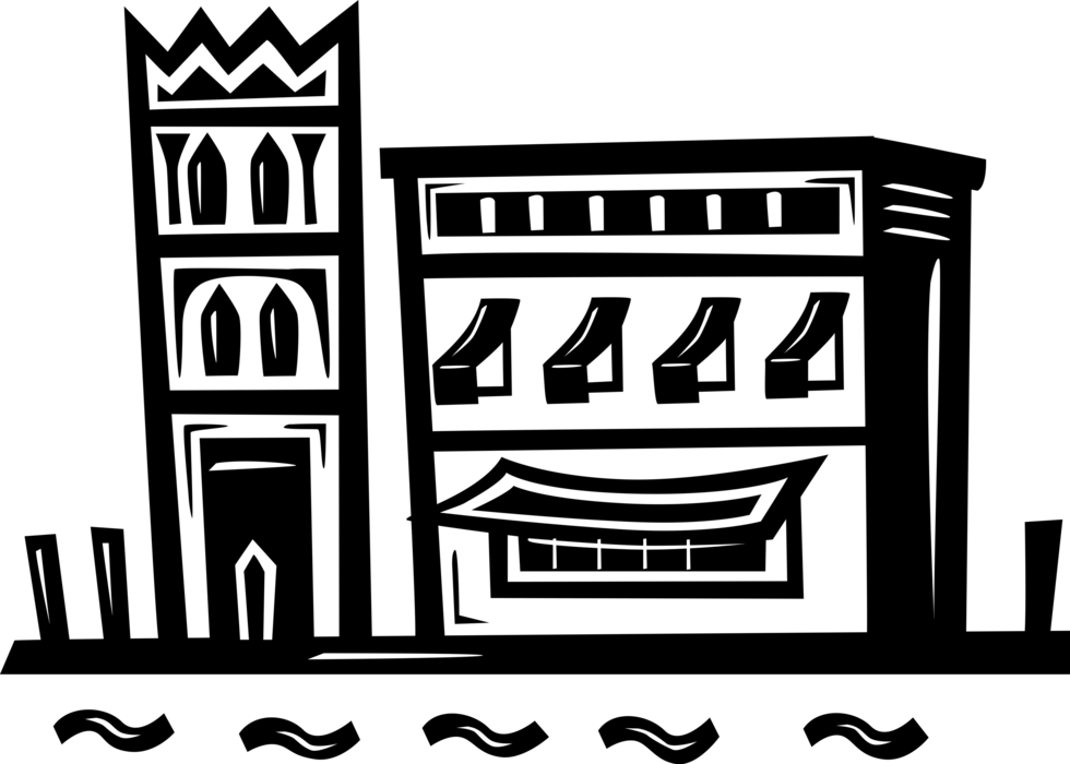 Vector Illustration of Venetian Building Architecture Along Canal, Venice, Italy