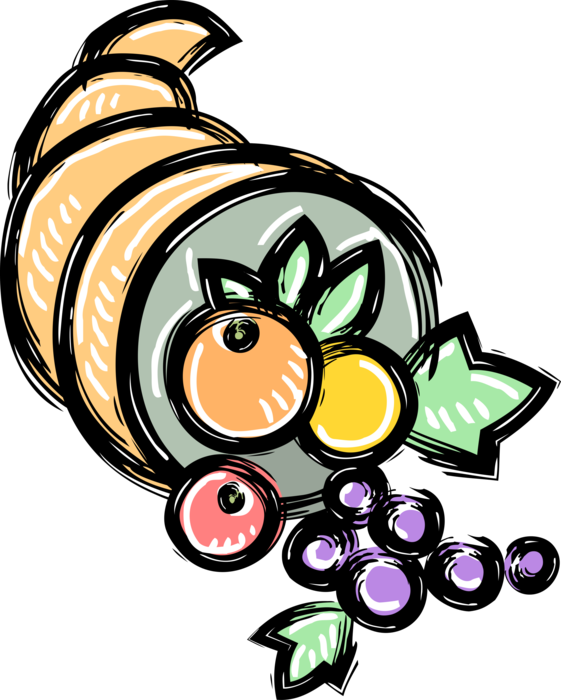 Vector Illustration of Cornucopia Horn of Plenty with Grapes, Oranges and Lemon Fruits