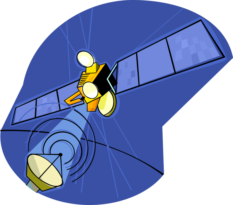 Vector Illustration of Satellite Communications with Dish Parabolic Antenna Transmitting Signals