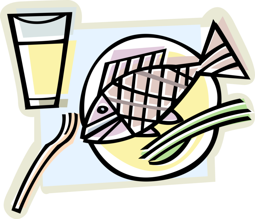 Vector Illustration of Baked Fish Supper Dinner on Plate with Beverage