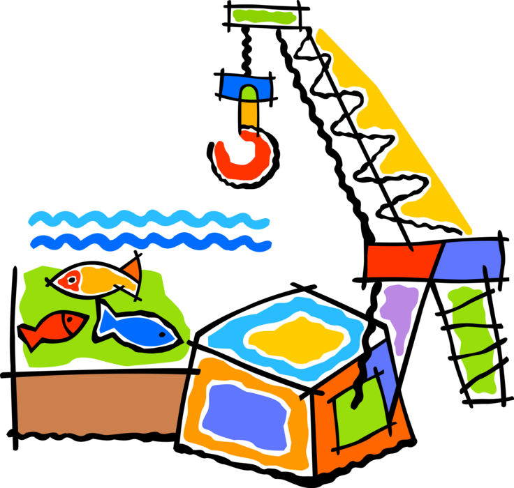 Vector Illustration of Commercial Fishery Dockyard with Crane and Lifting Hook Loading Fish Catch