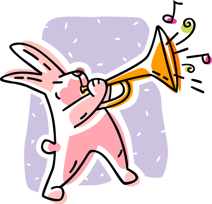 Vector Illustration of Pascha Easter Bunny Rabbit Plays Trumpet Brass Musical Instrument