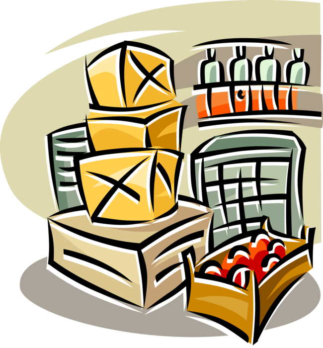 Vector Illustration of Storage Boxes and Crates with Fresh Fruit Apples in Supermarket Storeroom