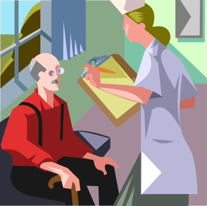 Vector Illustration of Health Care Nurse with Elderly Patient Answering Questions