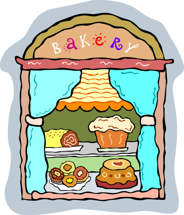 Vector Illustration of Retail Bakery Store with Fresh Baked Cakes and Donut Baked Goods