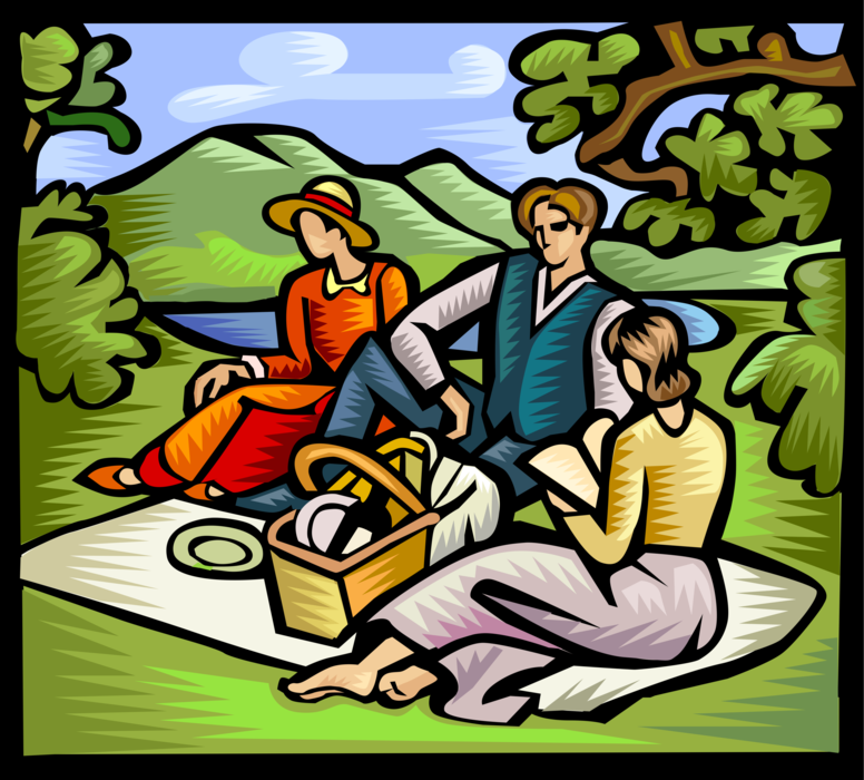 Vector Illustration of Outdoor Summer Picnic in Nature with Blanket and Food Hamper Picnic Basket