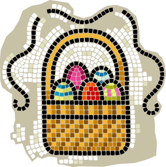 Vector Illustration of Decorative Mosaic Basket of Decorated Colored Easter Eggs