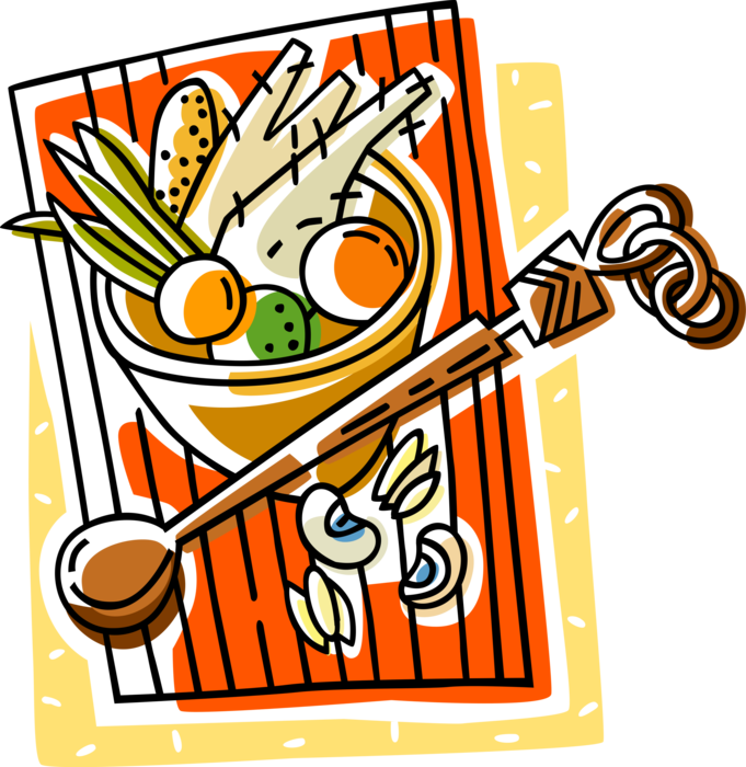 Vector Illustration of Bowl of Harvest Vegetables with African Carved Wood Spoon
