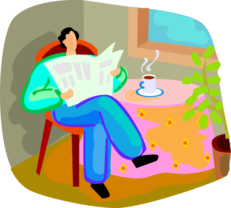 Vector Illustration of Reading Newspaper Sitting at Kitchen Table with Cup of Coffee