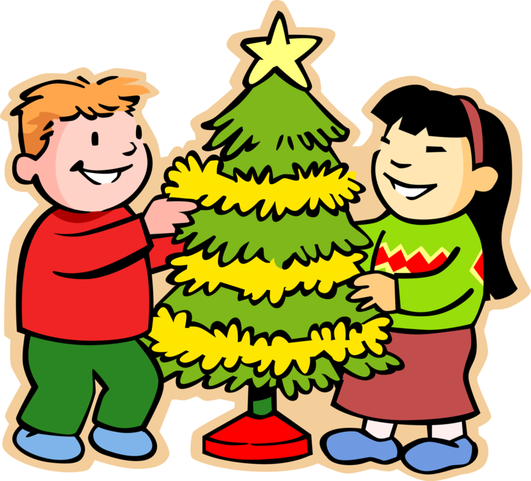 Vector Illustration of Primary or Elementary School Student Boy and Girl Decorating Christmas Tree