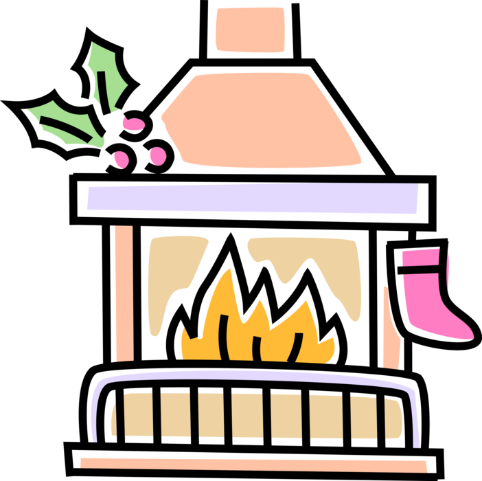 Vector Illustration of Holiday Festive Season Christmas Fireplace Hearth with Burning Wood Fire and Stocking with Holly