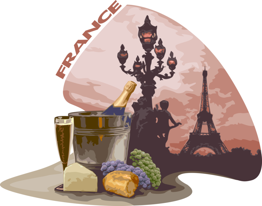 Vector Illustration of France French Champagne with Grapes, Cheese, Bread and Eiffel Tower, Paris Postcard Design