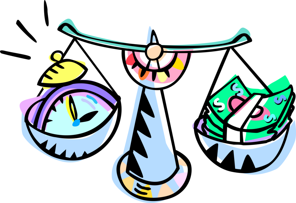 Vector Illustration of Balance Scales Balancing Time and Cash Money Dollars