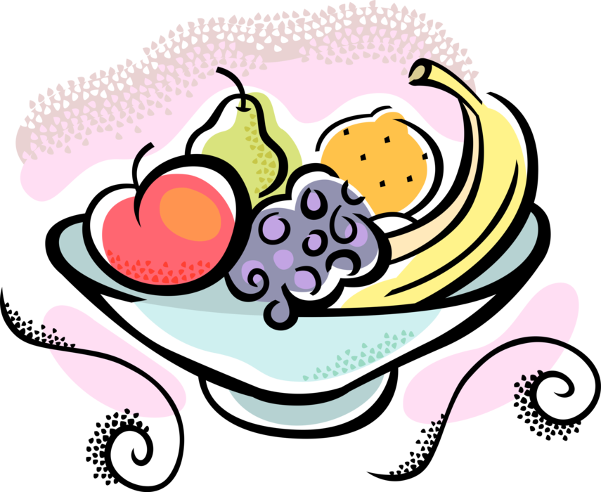 Vector Illustration of Bowl of Fruit with Apple, Grapes, Pear, Citrus Orange and Banana