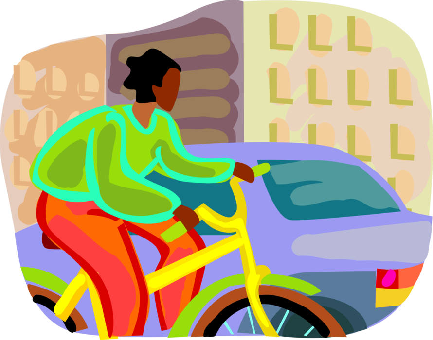 Vector Illustration of Cycling Enthusiast Riding Bicycle in Downtown City Traffic