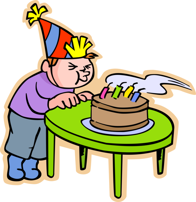 Vector Illustration of Primary or Elementary School Student Birthday Boy Blowing Out Birthday Candles on Cake