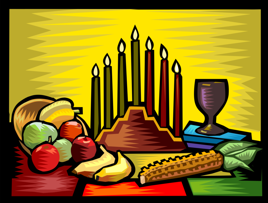 Vector Illustration of Traditional African Kinara Candle Holder of Kwanzaa with Harvest Fruits and Vegetables