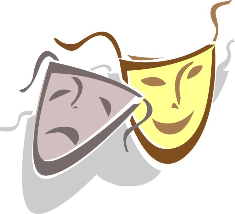 Vector Illustration of Theatre or Theater Theatrical Comedy or Drama Masks Melpomene and Thalia