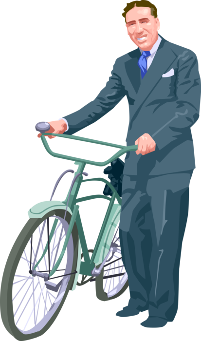 Vector Illustration of Businessman Commuter Rides Bicycle Bike to Work