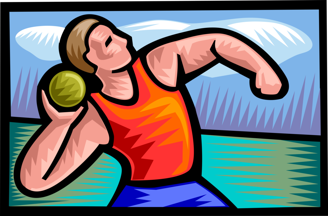 Vector Illustration of Track and Field Athletic Sport Contest Shot Put Competitor Throws the Shot as far as Possible