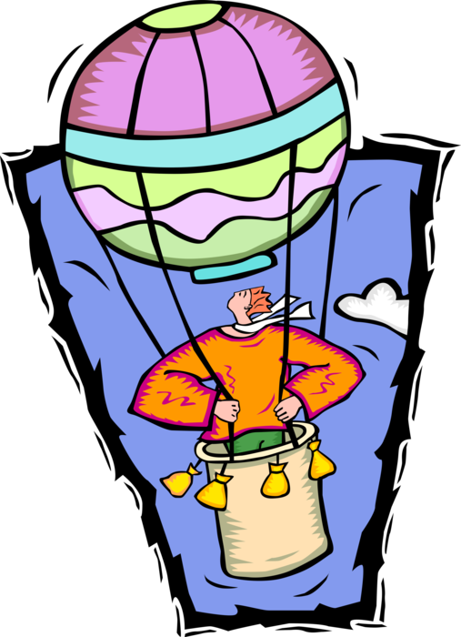 Vector Illustration of Hot Air Balloon Enthusiast with Gondola Wicker Basket Carry Passengers Aloft