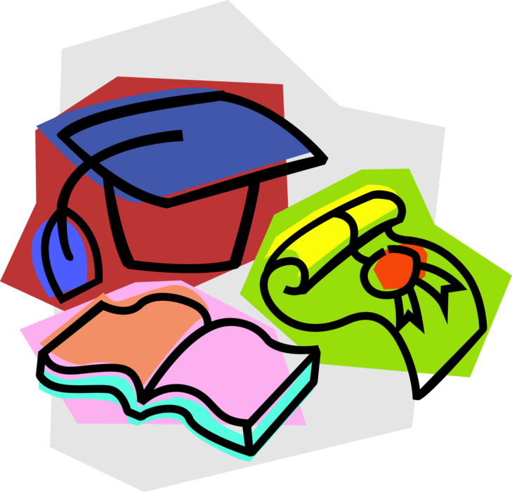 Vector Illustration of Higher Learning Graduate's Cap with Textbook and School Graduation Diploma