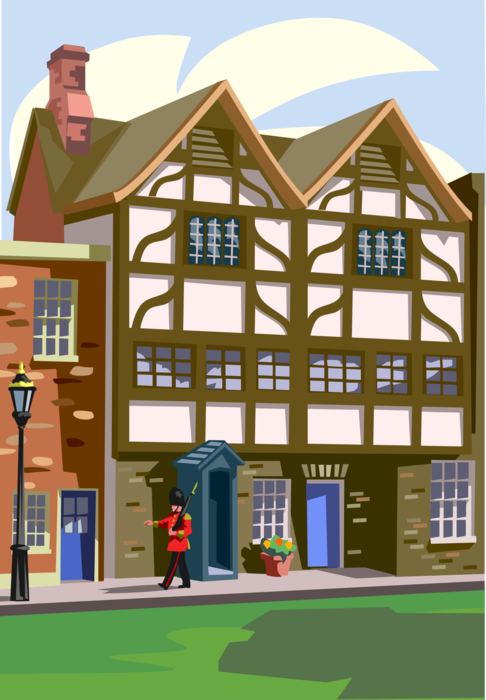 Vector Illustration of Half Timbered Queen's House Built for Anne Boleyn, Tower of London, London, United Kingdom