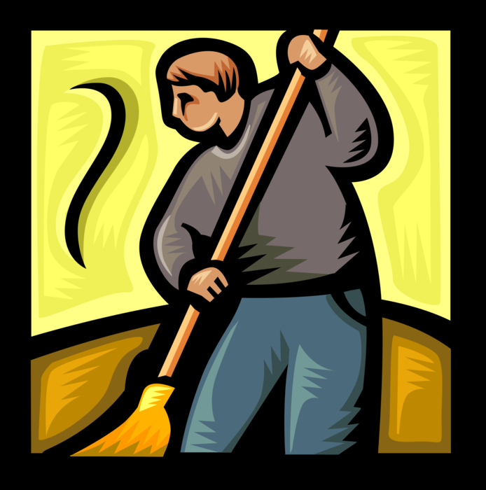 Vector Illustration of Maintenance Worker Sweeps with Sweeping Broom