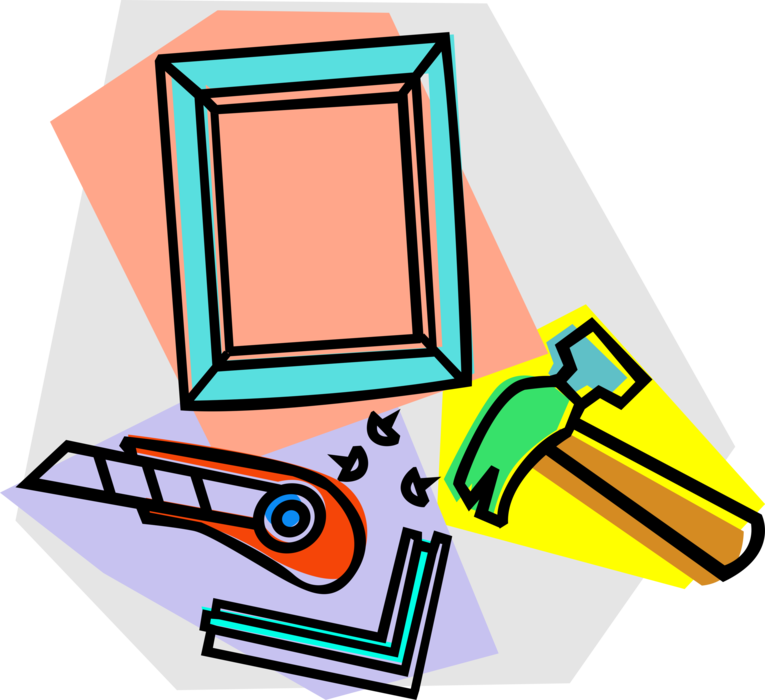 Vector Illustration of Picture Frame and Framing Tools Hammer and Retractable Blade Utility Safety Knife