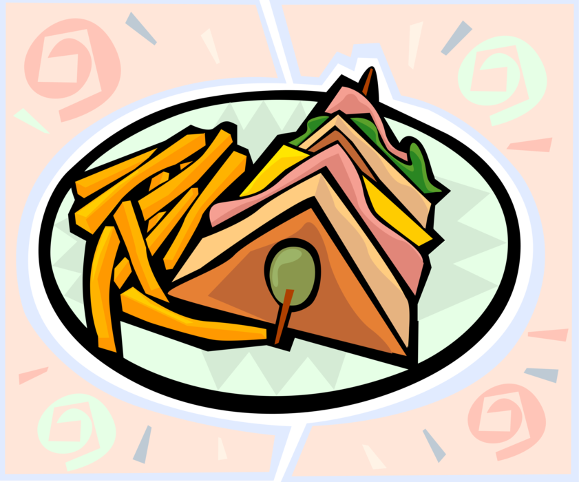 Vector Illustration of Club Sandwich Lunch with French Fries