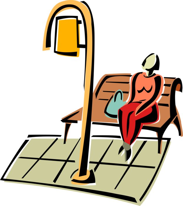 Vector Illustration of Waiting for the Public Transportation Bus Sitting on Bench 