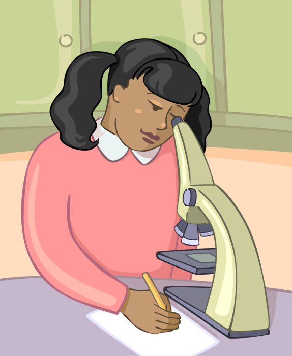 Vector Illustration of Student in School Science Class Looks Through Microscope
