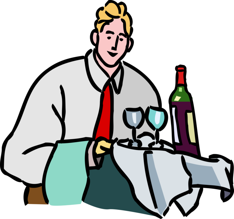 Vector Illustration of Restaurant Maître d'hôtel Waiter Serves Bottle of Wine with Glasses