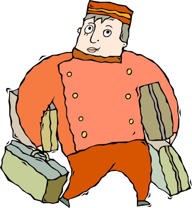Vector Illustration of Bellhop or Skycap Porter Carries Luggage at Airport or Hotel