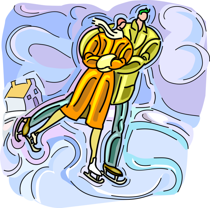 Vector Illustration of Romantic Couple Skating on Pond in Winter with Ice Skates