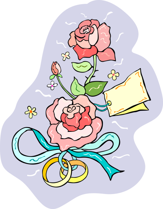 Vector Illustration of Matrimony Wedding Rings or Bands with Ribbon and Rose Flower