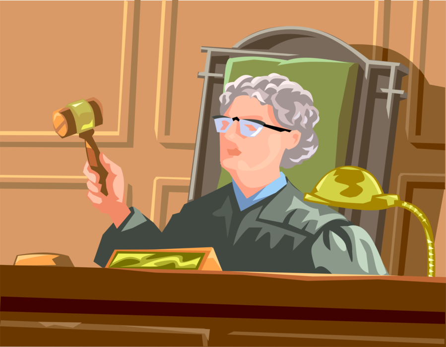 Vector Illustration of Judicial Judge Bangs Gavel at Bench in Courtroom Law Proceedings