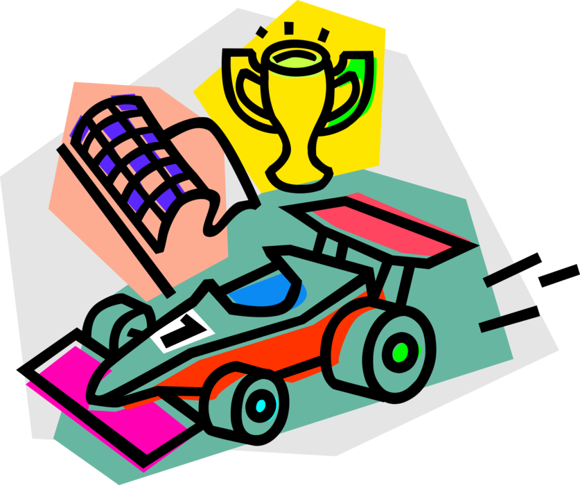 Vector Illustration of Auto Racing Formula One Race Car with Winner's Trophy and Checkered or Chequered Flag