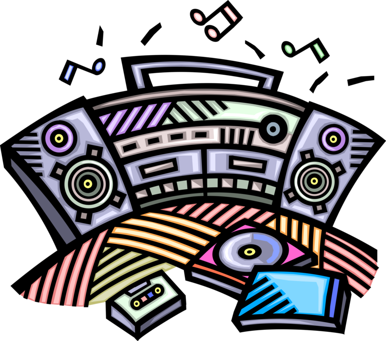 Vector Illustration of Audio Entertainment Portable Personal Stereo Boombox Plays Music Cassettes and CD's