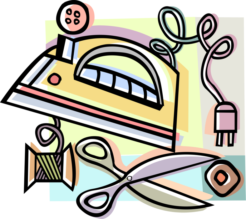 Vector Illustration of Clothes Iron, Scissors, Thread, and Buttons
