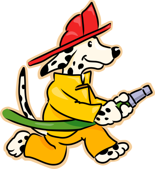 Vector Illustration of Dalmatian Dog Firefighter Runs with High-Pressure Fire Hose